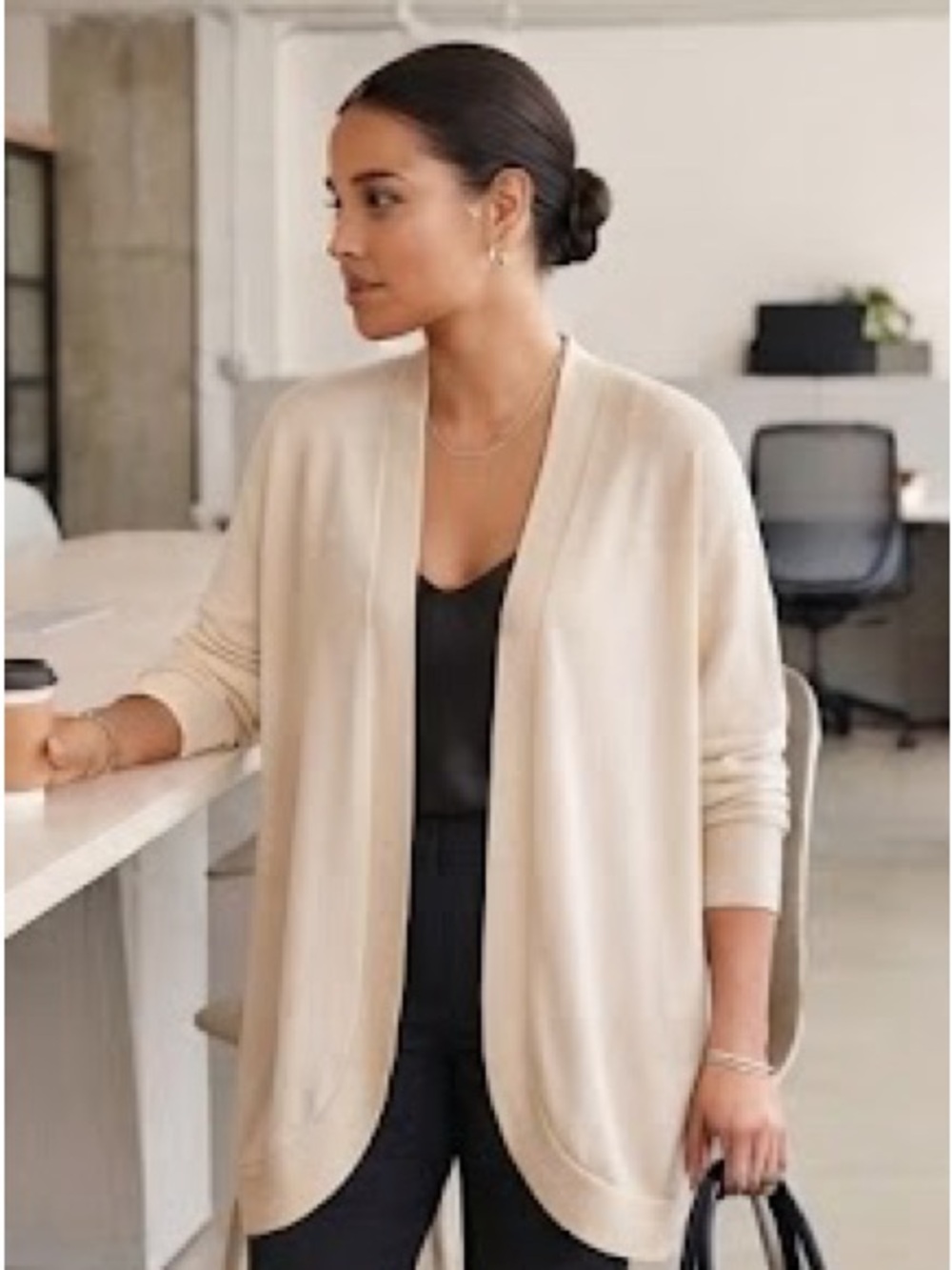 Babaton Open-Front Cardigan in Light Cream Rounded Finish at bottom